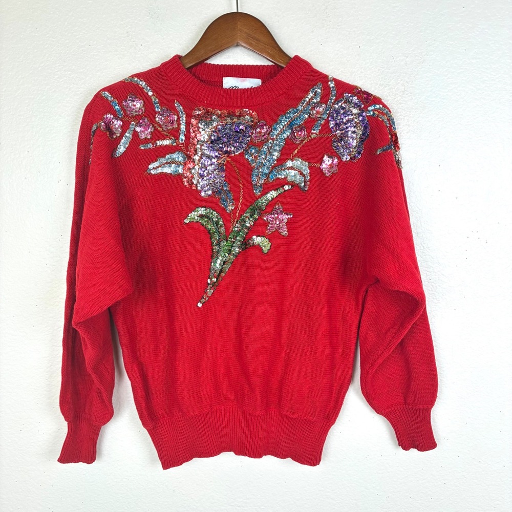 Vintage 90s Sweater S Embellished Holiday Christmas Party Ugly Sequin Beaded Red